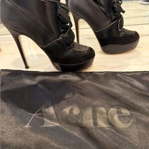 Acne Black High Heel Ankle Boots with fur trim